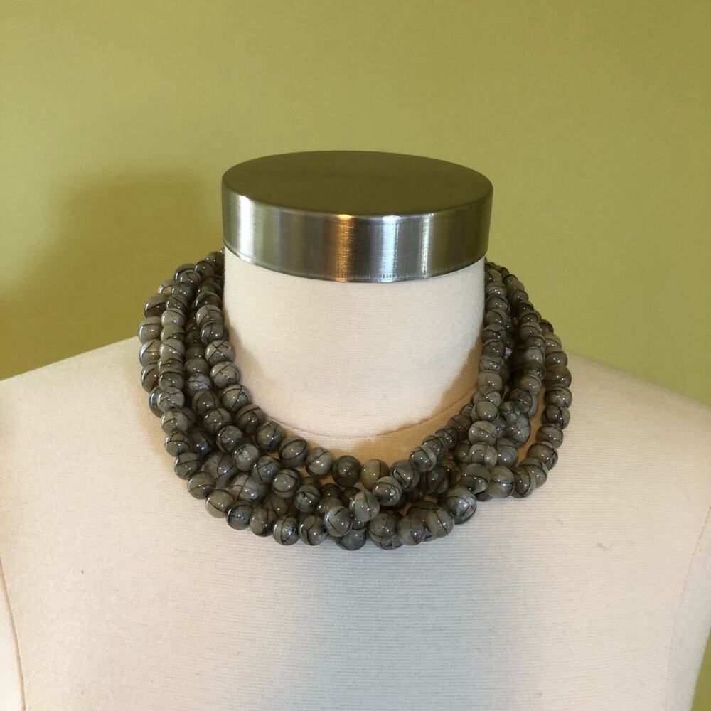 Chunky Gray Multi Strand Resin Bead Necklace 21”L Festival Boho Statement